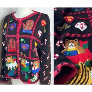 Christmas 90s Sweater Kitsch Retro Cardigan XL Embroidered Christmas 3D Applique